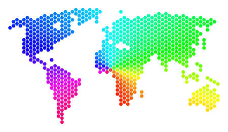 Spectrum hexagon World Map. Raster geographic map in bright colors on a white background. Spectrum has circular gradient. Multicolored raster concept of World Map constructed of hexagonal elements.の写真素材