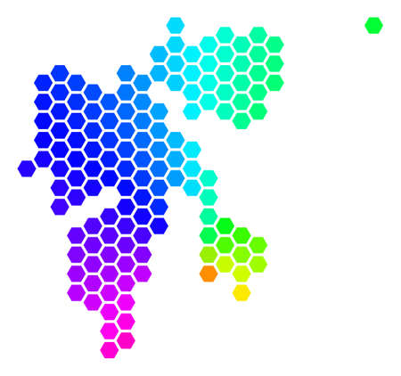 Hexagon spectrum Svalbard Island Map. Vector geographic map in bright colors on a white background. Spectrum has circular gradient. Colored vector collage of Svalbard Island Map made of hexagon spots.のイラスト素材