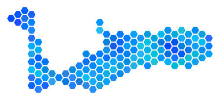 Blue Hexagon Grand Cayman Island Map. Vector geographic map in blue color tones on a white background. Blue vector pattern of Grand Cayman Island Map done of hexagon dots.のイラスト素材