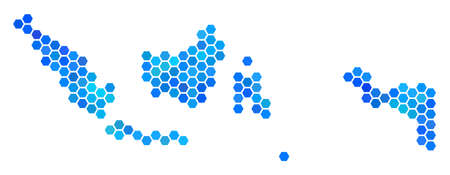 Hexagon blue Indonesia map vector geographic in cold color variations on a white background. Blue vector pattern of Indonesia map combined of hexagonal elements.のイラスト素材