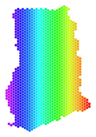 Spectrum Hexagonal Ghana Map. Vector geographic map in bright colors on a white background. Spectrum has horizontal gradient. Colored vector pattern of Ghana Map done of hexagonal blots.のイラスト素材