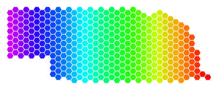 Hexagon spectrum Nebraska State Map. Vector geographic map in bright colors on a white background. Spectrum has horizontal gradient.のイラスト素材