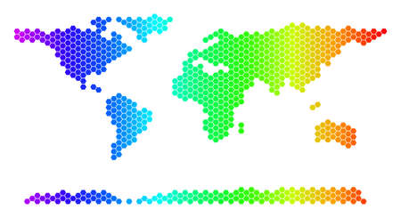 Hexagon spectrum World Continent Map. Vector geographic map in bright colors on a white background. Spectrum has horizontal gradient.のイラスト素材