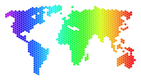 Hexagon spectrum World Map. Vector geographic map in bright colors on a white background. Spectrum has horizontal gradient. Colored vector collage of World Map constructed of hexagonal blots.のイラスト素材