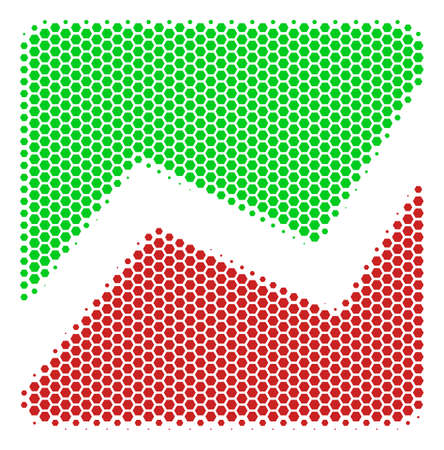 Halftone hexagonal Analytics Chart icon. Pictogram on a white background. Vector collage of analytics chart icon done of hexagon pixels.のイラスト素材