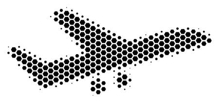 Halftone hexagonal Aiplane icon. Pictogram on a white background. Vector composition of aiplane icon designed of hexagonal items.のイラスト素材