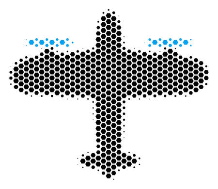 Halftone hexagon Aircraft icon. Pictogram on a white background. Vector collage of aircraft icon composed of hexagonal elements.のイラスト素材