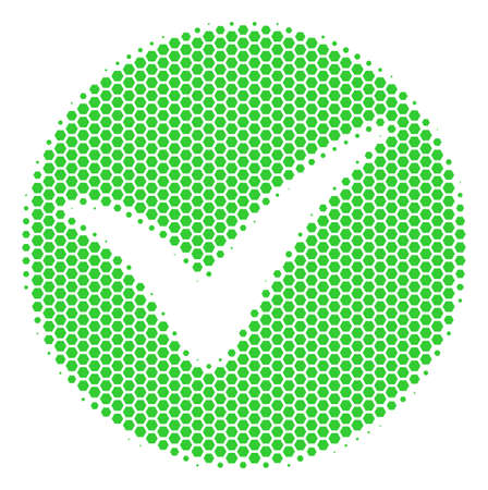 Halftone hexagon Apply icon. Pictogram on a white background. Vector composition of apply icon organized of hexagonal elements.のイラスト素材