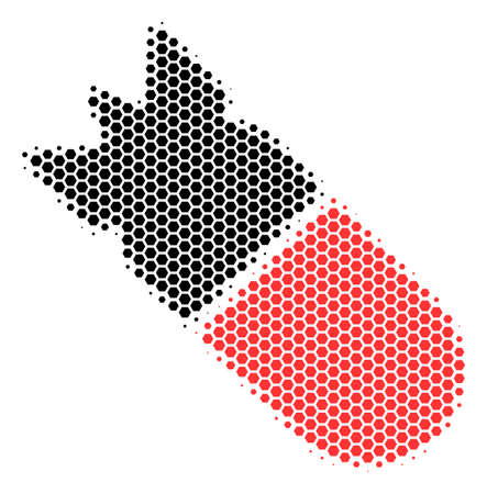 Halftone hexagonal Aviation Bomb icon. Pictogram on a white background. Vector collage of aviation bomb icon designed of hexagonal blots.のイラスト素材