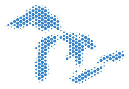 Halftone hexagon Great Lakes Map. Vector geographic map on a white background. Vector composition of Great Lakes Map composed of hexagonal dots.のイラスト素材