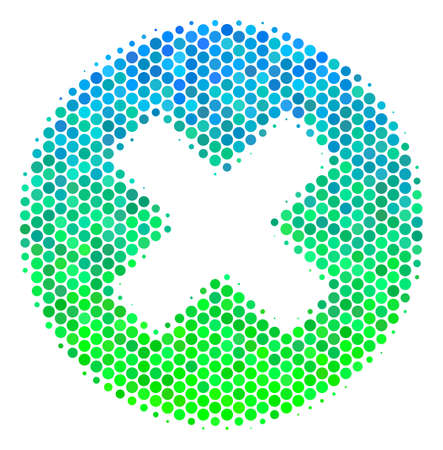 Halftone dot Cancel icon. Pictogram in green and blue color hues on a white background. Raster collage of cancel icon designed of spheric items.の写真素材