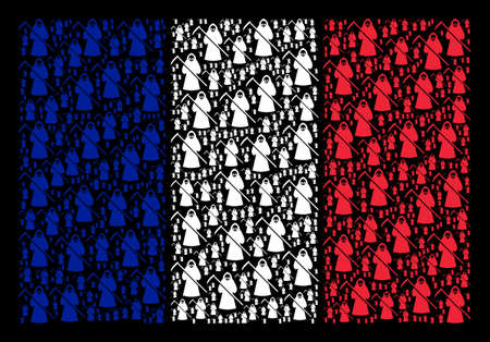 France National Flag concept composed of death scytheman pictograms. Vector death scytheman items are organized into geometric French flag collage on a black background.のイラスト素材