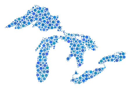 Great Lakes Map collage of round spots in variable sizes. Randomized spheric items are grouped into Great Lakes Map mosaic. Vector geographical map vector illustration.のイラスト素材