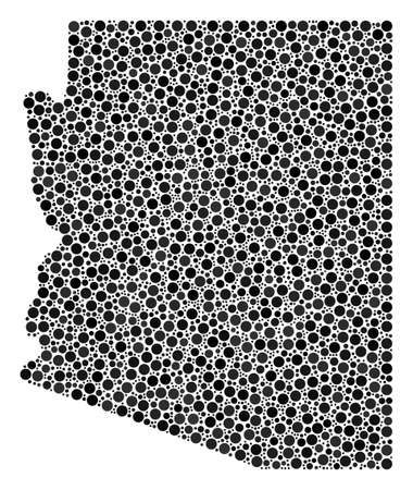 Arizona State Map mosaic of round dots in different sizes. Scattered spheric items are arranged into Arizona State Map illustration. Vector geographical map vector illustration.のイラスト素材