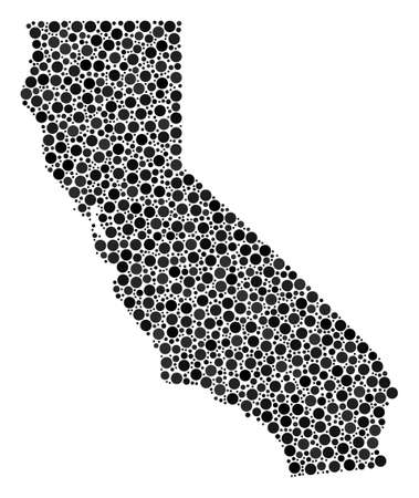 California Map composition of round spots in variable sizes. Scattered dots are grouped into California Map mosaic. Vector geography map design concept.のイラスト素材