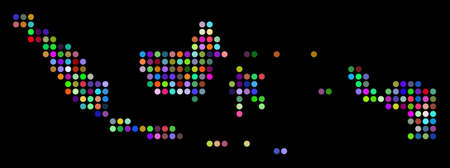 Colored Pixel Indonesia Map. Vector geographic map in bright colors on a dark background. Bright vector collage of Indonesia Map made of regular dots.のイラスト素材