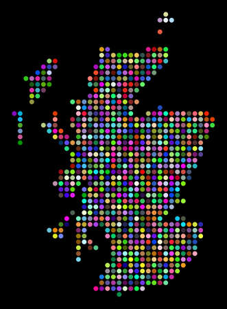 Colored Dotted Scotland Map. Vector geographic map in bright colors on a dark background. Multicolored vector pattern of Scotland Map designed of regular circle pixels.のイラスト素材