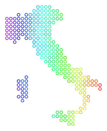 Colored Spectrum Italy Map. Vector geographic map in bright spectral color shades with horizontal gradient. Bright vector composition of Italy Map designed of regular round elements.のイラスト素材