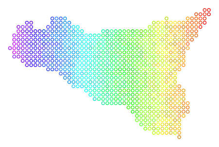 Bright Rainbow Sicilia Map. Vector geographic map in bright spectrum color hues with horizontal gradient. Multicolored vector mosaic of Sicilia Map composed of regular round dots.のイラスト素材