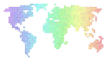 Bright Spectral World Map. Vector geographic map in bright rainbow color hues with horizontal gradient. Colored vector concept of World Map designed of regular circle elements.のイラスト素材