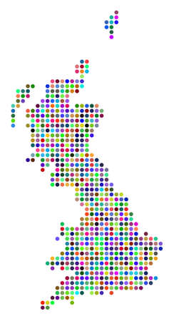 Colored Pixel Great Britain Map. Vector geographic map in bright colors on a white background. Colorful vector composition of Great Britain Map constructed of regular round elements.のイラスト素材
