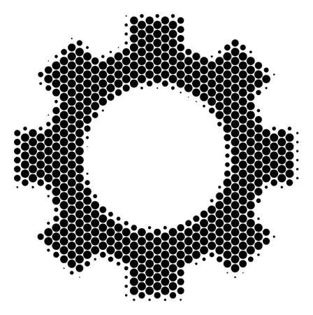 Halftone circle Gear icon. Pictogram on a white background. Vector mosaic of gear icon constructed of spheric elements.のイラスト素材