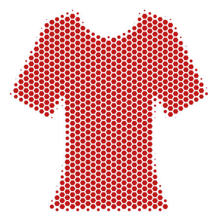 Halftone hexagon Lady T-Shirt icon. Pictogram on a white background. Vector collage of lady t-shirt icon created of hexagon blots.のイラスト素材