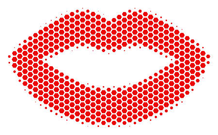 Halftone hexagonal Sexy Lips icon. Pictogram on a white background. Vector collage of sexy lips icon created of hexagon blots.のイラスト素材