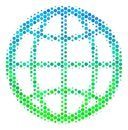 Halftone circle Globe pictogram. Pictogram in green and blue color tints on a white background. Vector composition of globe icon made of round elements.のイラスト素材