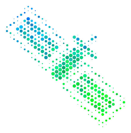 Halftone dot Satellite icon. Pictogram in green and blue color hues on a white background. Vector composition of satellite icon made of round items.のイラスト素材