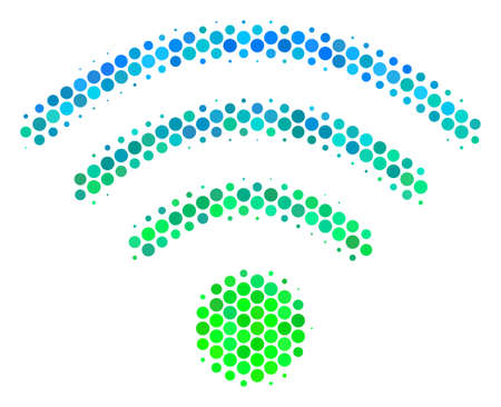 Halftone dot Wi-Fi Source icon. Pictogram in green and blue color tints on a white background. Vector composition of wi-fi source icon constructed of round items.のイラスト素材