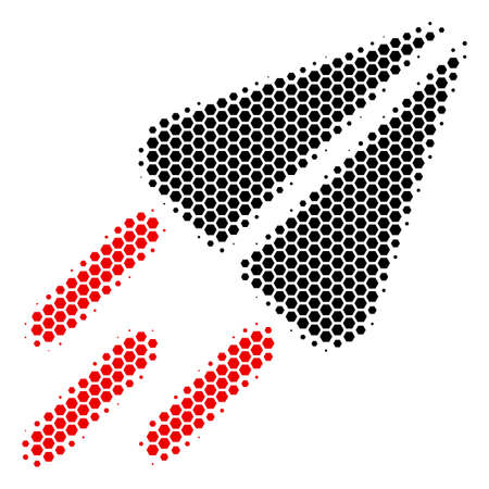 Halftone hexagonal Space Ship icon. Pictogram on a white background. Vector composition of space ship icon organized of hexagon spots.のイラスト素材