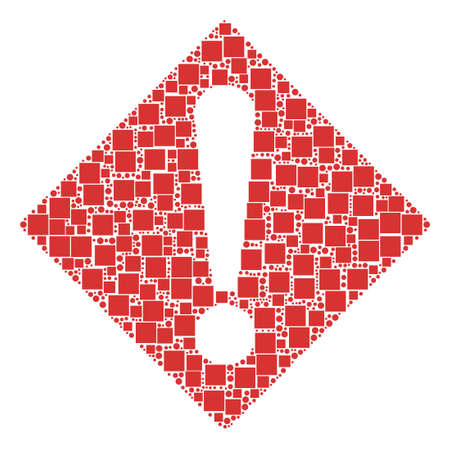Warning mosaic icon of square shapes and spheric dots in variable sizes. Vector objects are combined into warning mosaic design concept.のイラスト素材