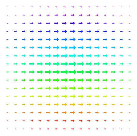 Right Arrow icon rainbow colored halftone pattern. Vector right arrow symbols arranged into halftone grid with vertical spectral gradient. Designed for backgrounds, covers and abstraction concepts.のイラスト素材
