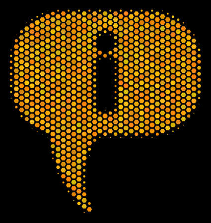 Halftone hexagon About icon. Bright gold pictogram with honeycomb geometric structure on a black background. Vector composition of about icon composed of hexagonal cells.のイラスト素材