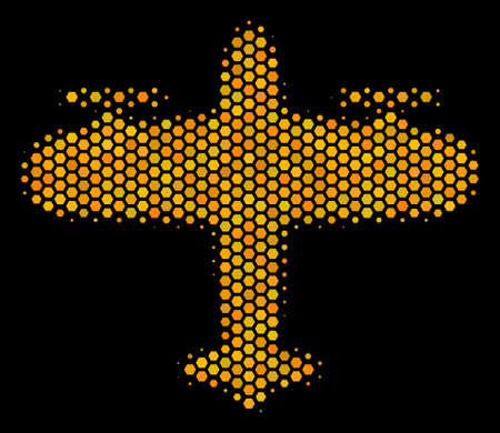 Halftone hexagonal Aircraft icon. Bright yellow pictogram with honeycomb geometric pattern on a black background. Vector concept of aircraft icon composed of hexagon items.のイラスト素材