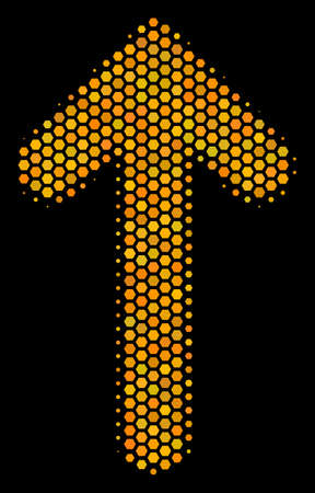 Halftone hexagonal Arrow Direction icon. Bright yellow pictogram with honey comb geometric structure on a black background. Vector composition of arrow direction icon organized of hexagonal pixels.のイラスト素材