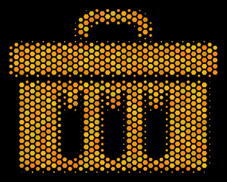 Halftone hexagonal Analysis icon. Bright yellow pictogram with honey comb geometric pattern on a black background. Vector collage of analysis icon made of hexagon dots.のイラスト素材