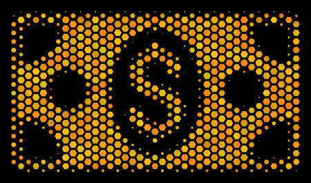 Halftone hexagon Banknote icon. Bright gold pictogram with honeycomb geometric pattern on a black background. Vector composition of banknote icon organized of honeycomb spots.のイラスト素材