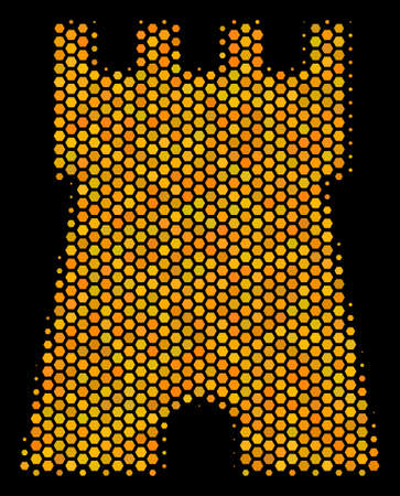 Halftone hexagonal Bulwark Tower icon. Bright yellow pictogram with honeycomb geometric structure on a black background. Vector collage of bulwark tower icon constructed of honeycomb pixels.のイラスト素材