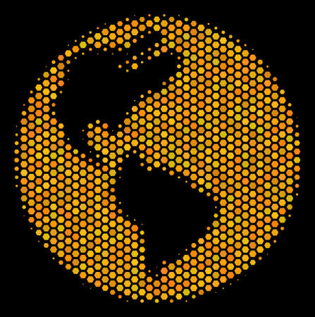 Halftone hexagonal Earth icon. Bright yellow pictograph with honeycomb geometric pattern on a black background. A Vector composition of earth icon organized of hexagon spots.のイラスト素材