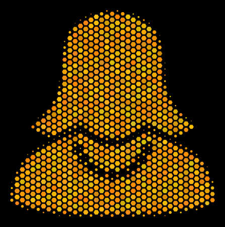 Halftone hexagon Female icon. Bright golden pictogram with honey comb geometric structure on a black background. Vector composition of female icon created of hexagonal blots.のイラスト素材