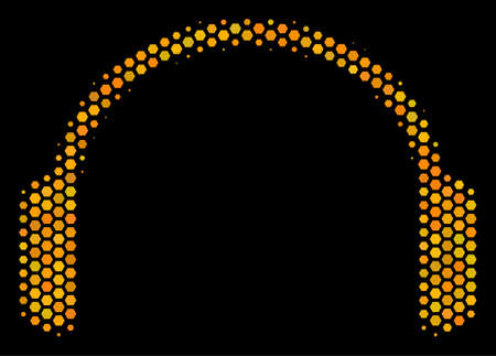 Halftone hexagon Headphones icon. Bright gold pictogram with honeycomb geometric pattern on a black background. Vector pattern of headphones icon organized of hexagon dots.のイラスト素材