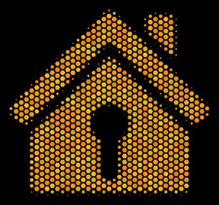 Halftone hexagon Home Keyhole icon. Bright golden pictogram with honey comb geometric pattern on a black background. Vector composition of home keyhole icon constructed of hexagon items.のイラスト素材