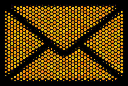 Halftone hexagonal Mail Envelope icon. Bright yellow pictogram with honey comb geometric pattern on...
