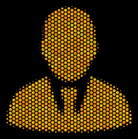 Halftone hexagonal Manager icon. Bright golden pictogram with honeycomb geometric pattern on a black background. Vector collage of manager icon organized of honeycomb elements.のイラスト素材