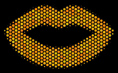 Halftone hexagon Sexy Lips icon. Bright gold pictogram with honeycomb geometric pattern on a black background. Vector pattern of sexy lips icon done of honeycomb blots.のイラスト素材