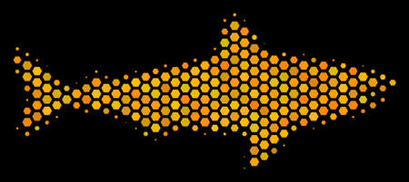 Halftone hexagon Shark icon. Bright yellow pictogram with honeycomb geometric structure on a black background. Vector mosaic of shark icon done of hexagonal elements.のイラスト素材