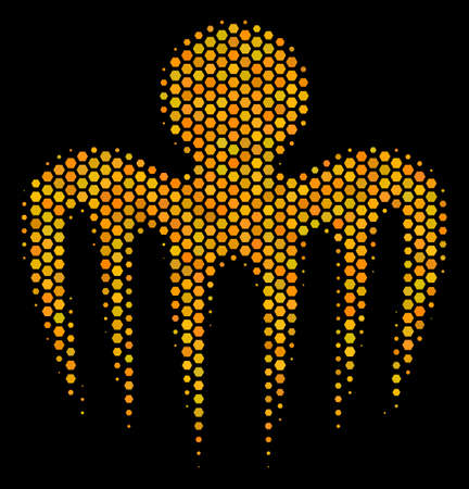 Halftone hexagon Spectre Octopus icon. Bright gold pictogram with honeycomb geometric structure on a black background. Vector collage of spectre octopus icon made of hexagonal dots.のイラスト素材