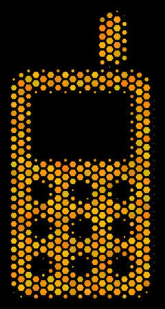Halftone hexagonal Cell Phone icon. Bright gold pictogram with honey comb geometric structure on a black background. Vector composition of cell phone icon combined of hexagonal spots.のイラスト素材